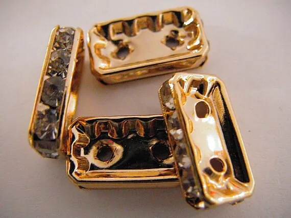 15x7x4mm Gold Filled Look, EP 2 lines Rhinestone Rectangle Spacers Beads, GF5101A