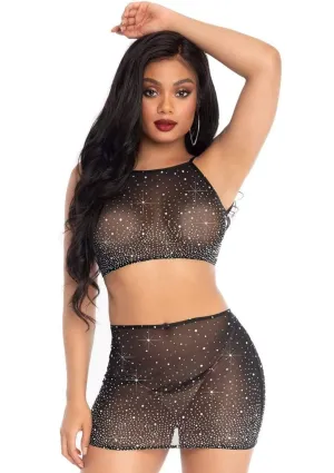 2 Pc Rhinestone Crop Top and Mini Skirt - Black - Large