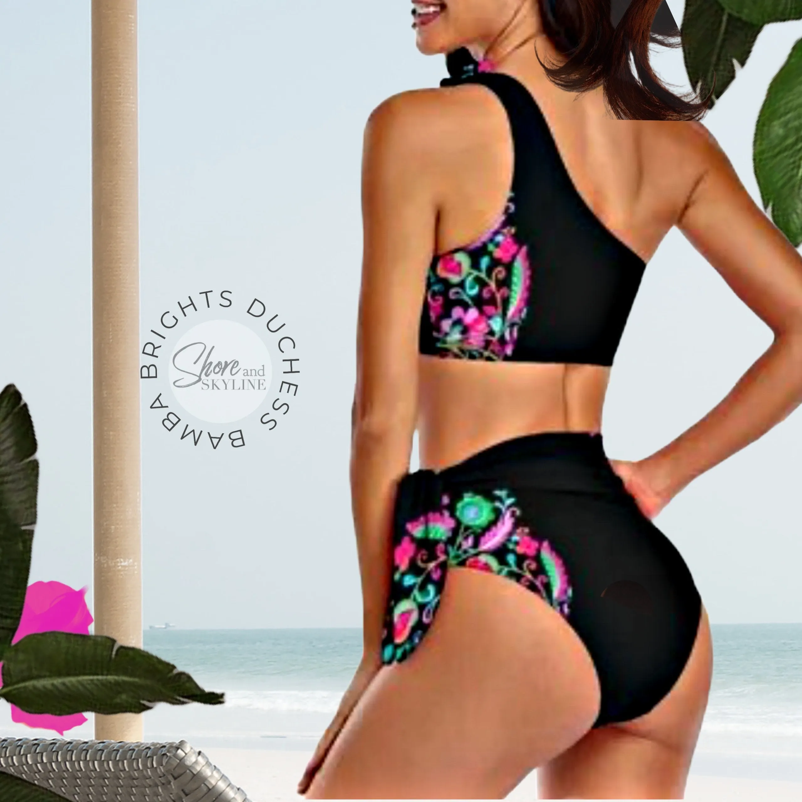 Black Floral Swimsuit in bamba brights black pink turquoise flowers in 3 styles Duchess one-shoulder 2pc / Empress 1pc / Countess halter 2pc