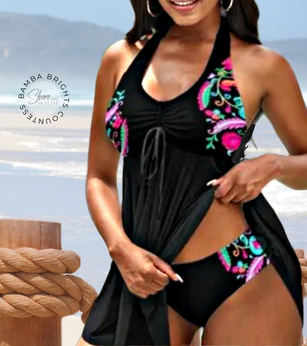 Black Floral Swimsuit in bamba brights black pink turquoise flowers in 3 styles Duchess one-shoulder 2pc / Empress 1pc / Countess halter 2pc