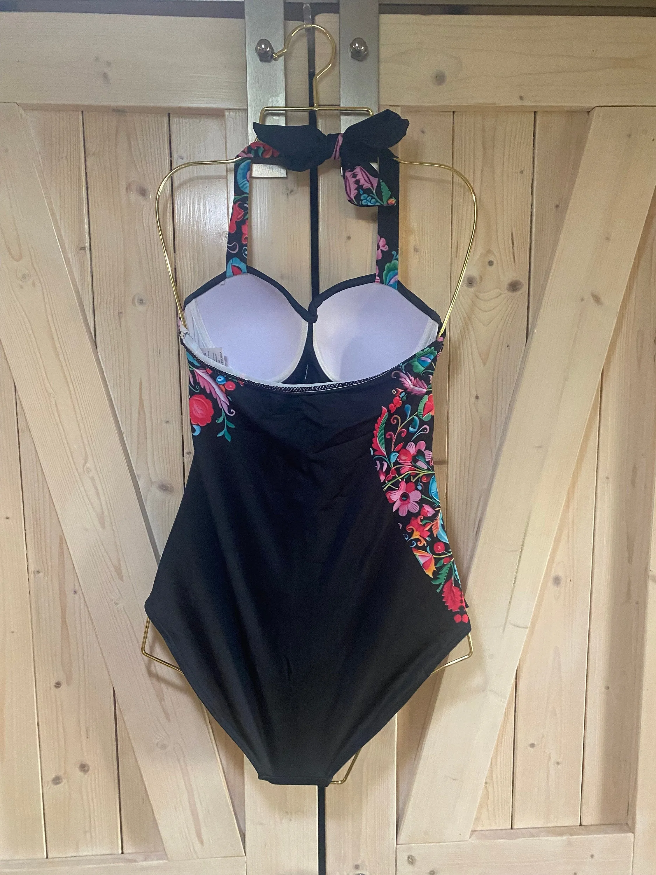 Black Floral Swimsuit in bamba brights black pink turquoise flowers in 3 styles Duchess one-shoulder 2pc / Empress 1pc / Countess halter 2pc