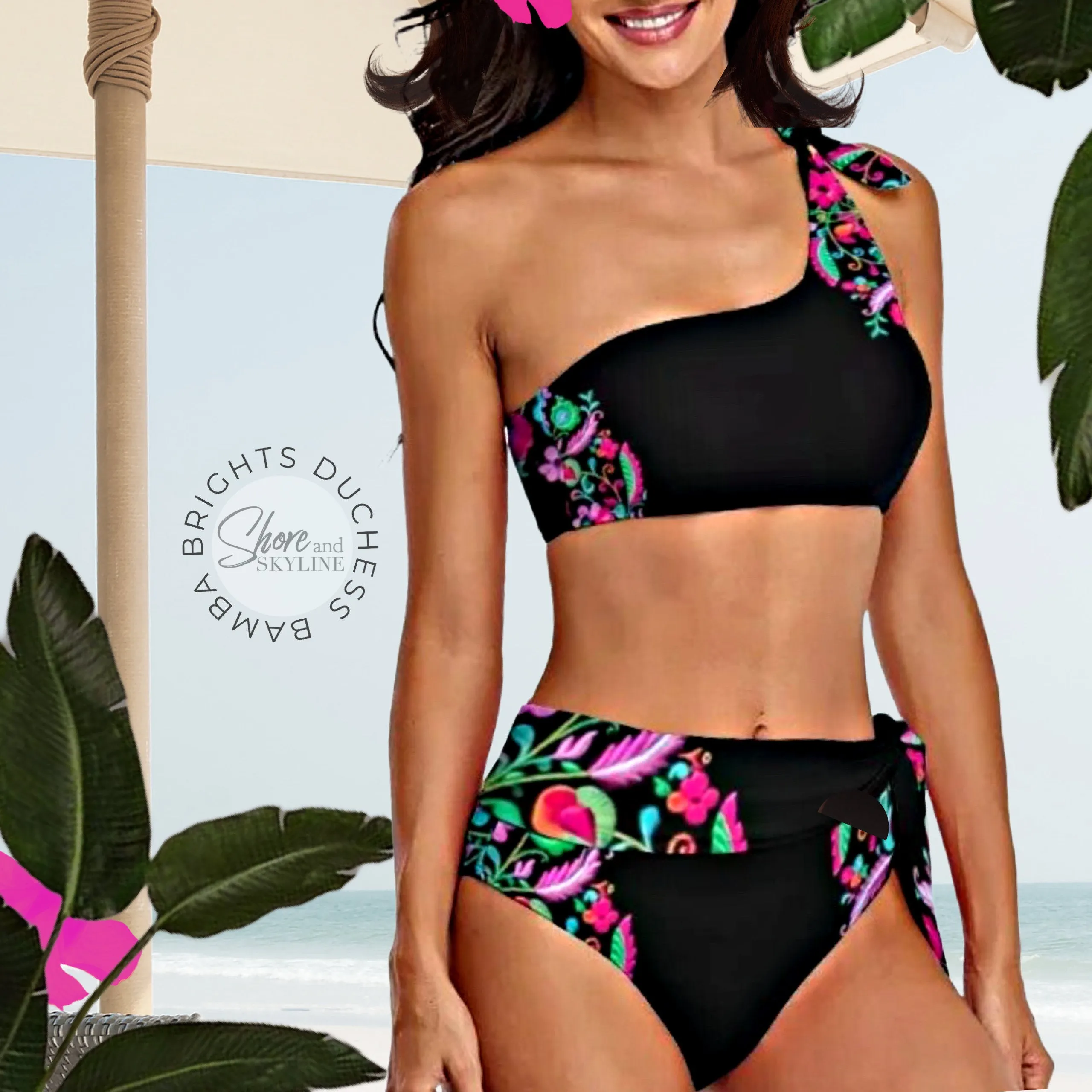 Black Floral Swimsuit in bamba brights black pink turquoise flowers in 3 styles Duchess one-shoulder 2pc / Empress 1pc / Countess halter 2pc