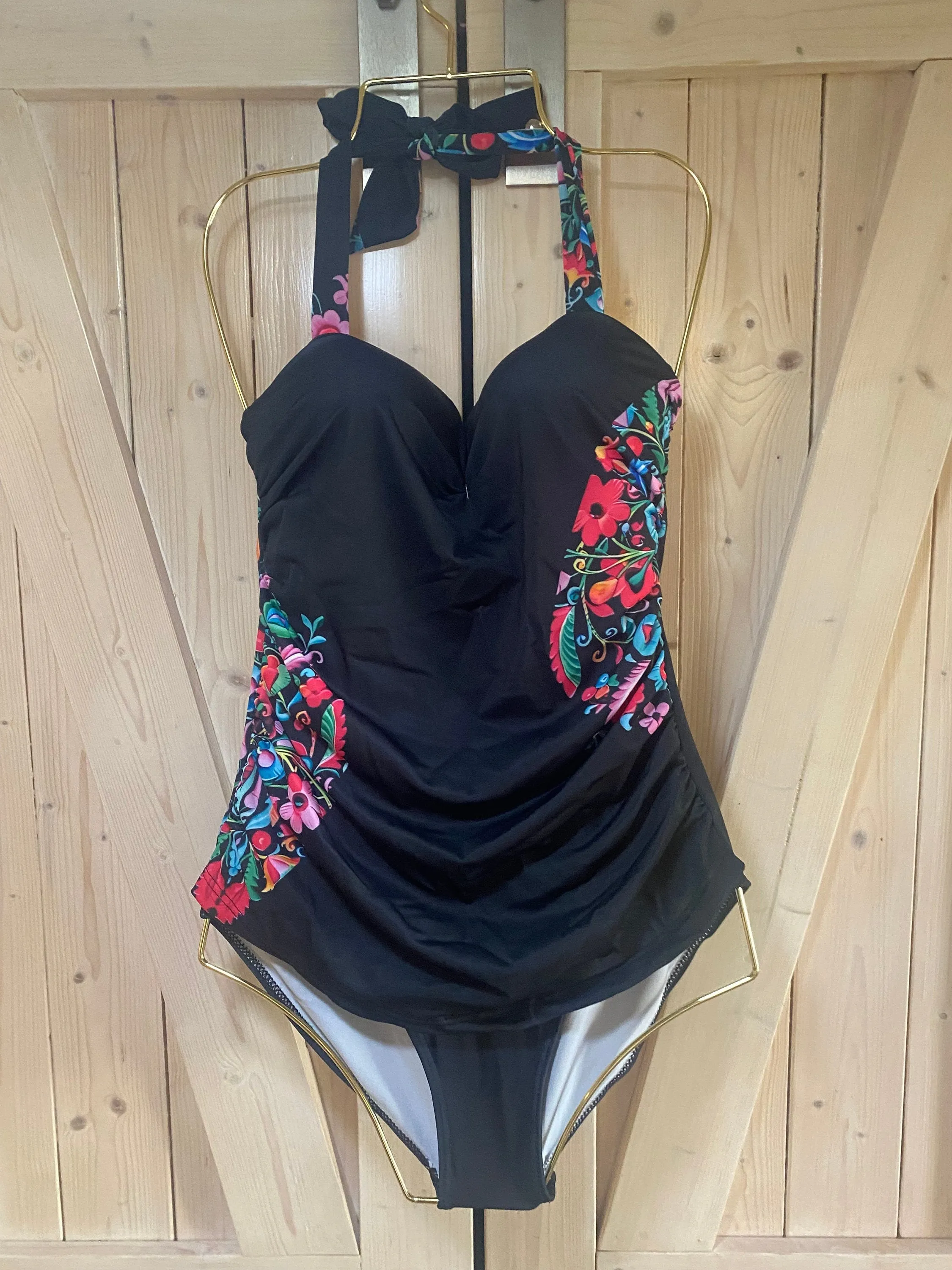 Black Floral Swimsuit in bamba brights black pink turquoise flowers in 3 styles Duchess one-shoulder 2pc / Empress 1pc / Countess halter 2pc