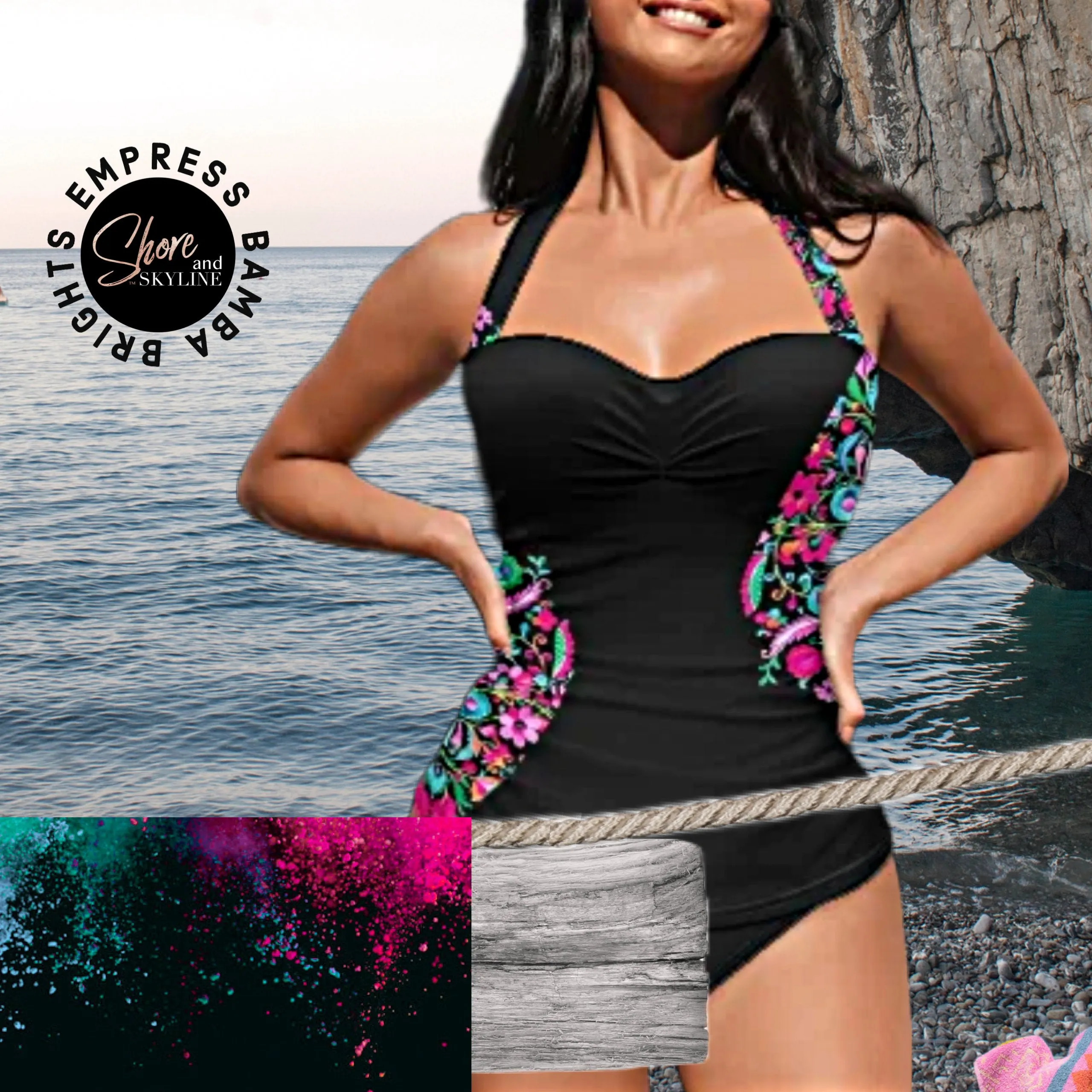 Black Floral Swimsuit in bamba brights black pink turquoise flowers in 3 styles Duchess one-shoulder 2pc / Empress 1pc / Countess halter 2pc