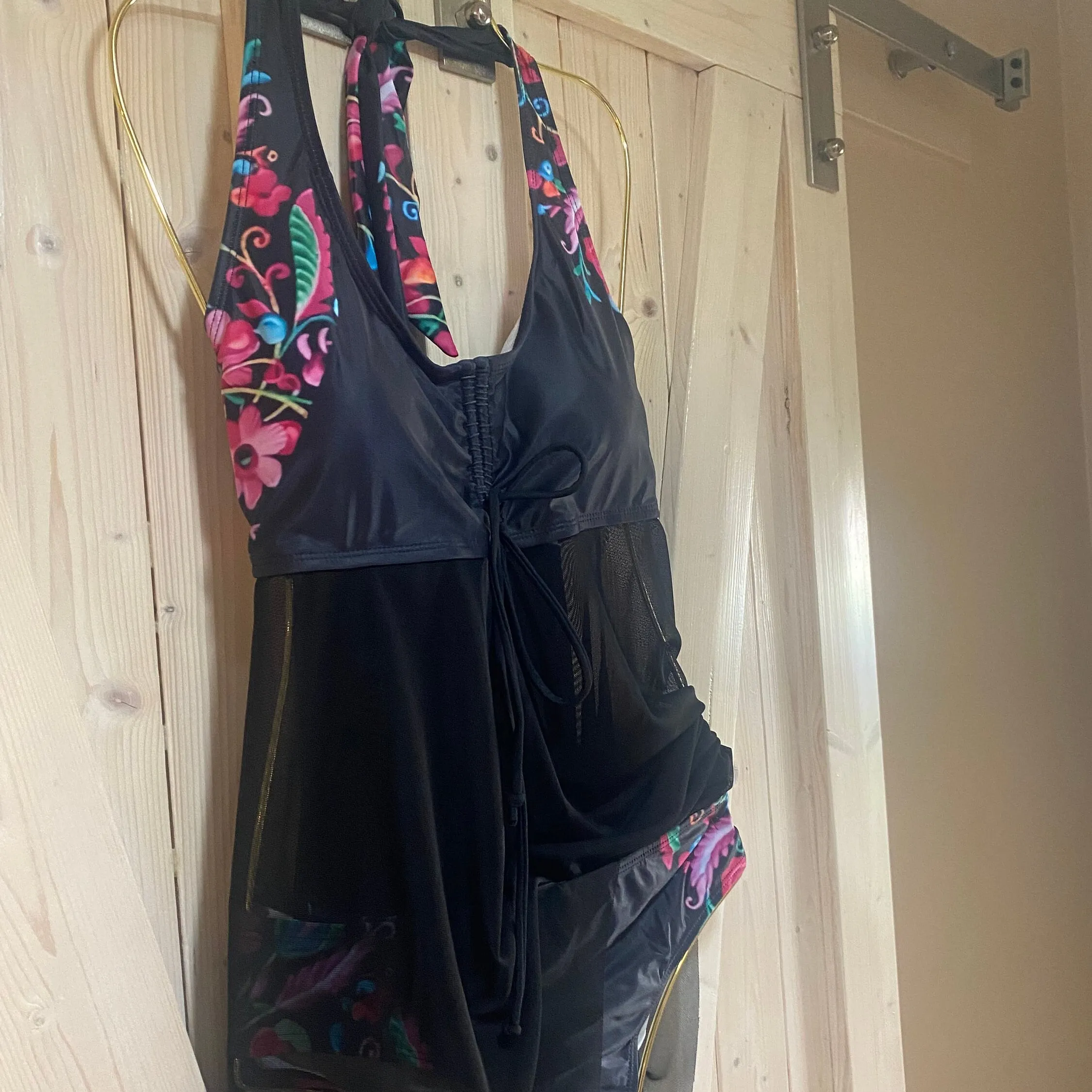 Black Floral Swimsuit in bamba brights black pink turquoise flowers in 3 styles Duchess one-shoulder 2pc / Empress 1pc / Countess halter 2pc