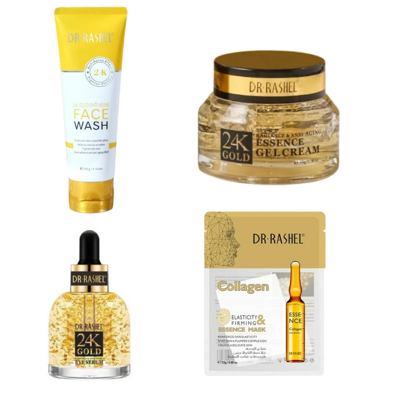 Combo - Dr. Rashel 24K Gold Face Wash, Gel Cream, Eye Serum &  Essence Mask