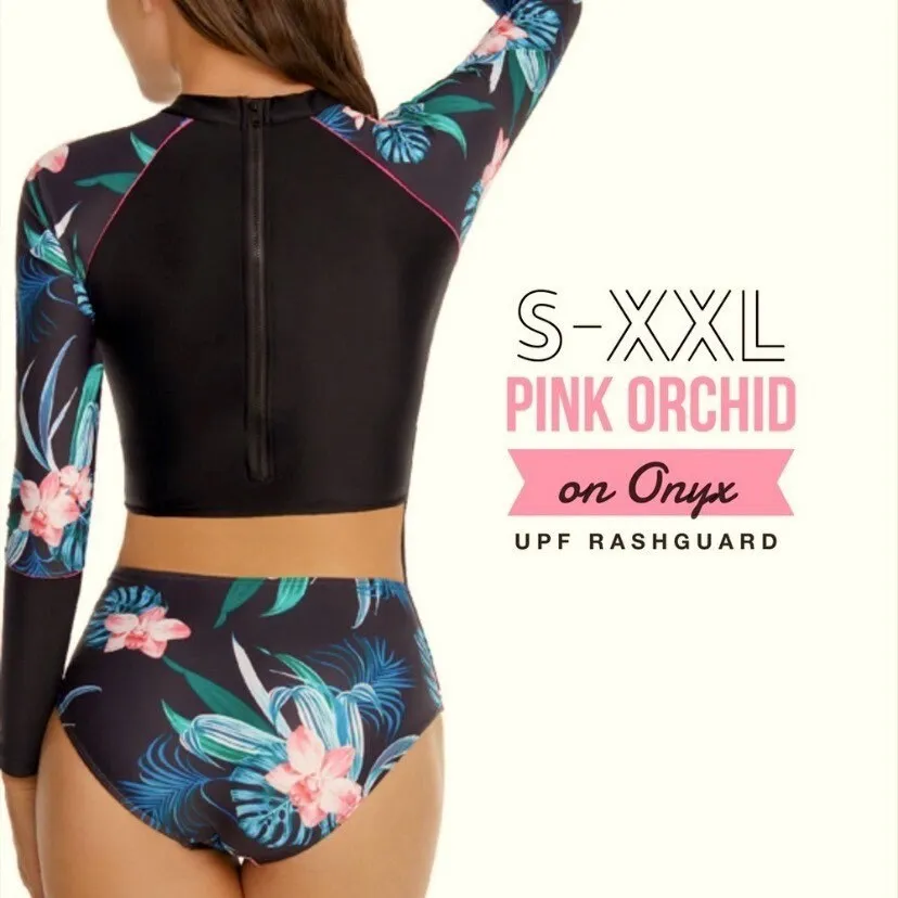 S-XXL UPF Rashguard Pink Orchid on Onyx swimsuit black pink turquoise modest surf swim pool beach women ladies