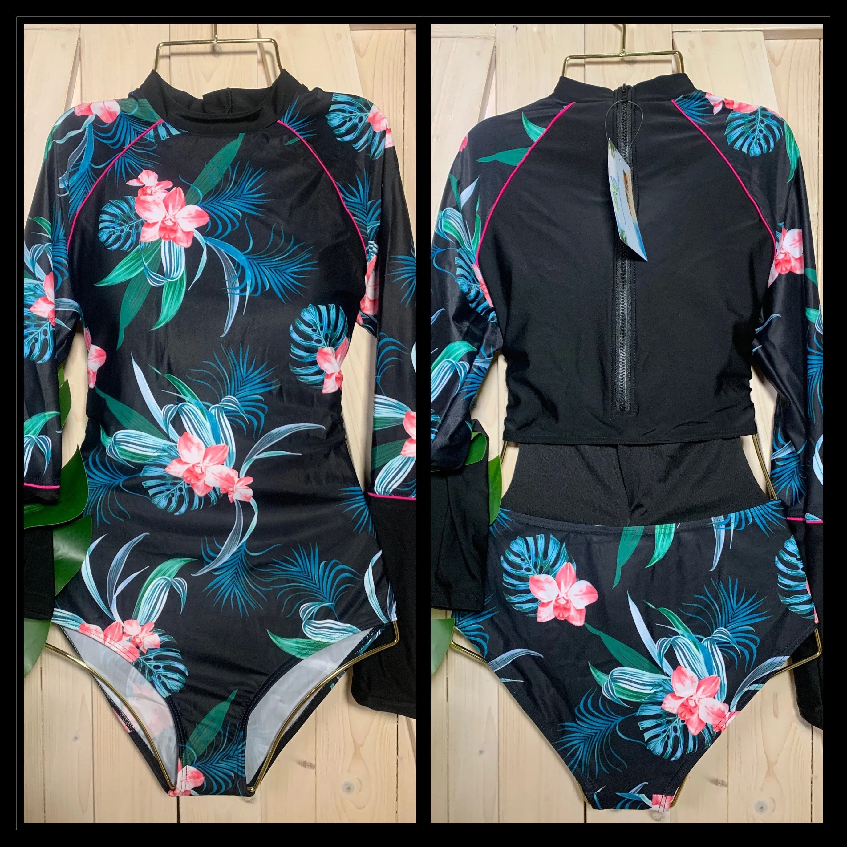 S-XXL UPF Rashguard Pink Orchid on Onyx swimsuit black pink turquoise modest surf swim pool beach women ladies